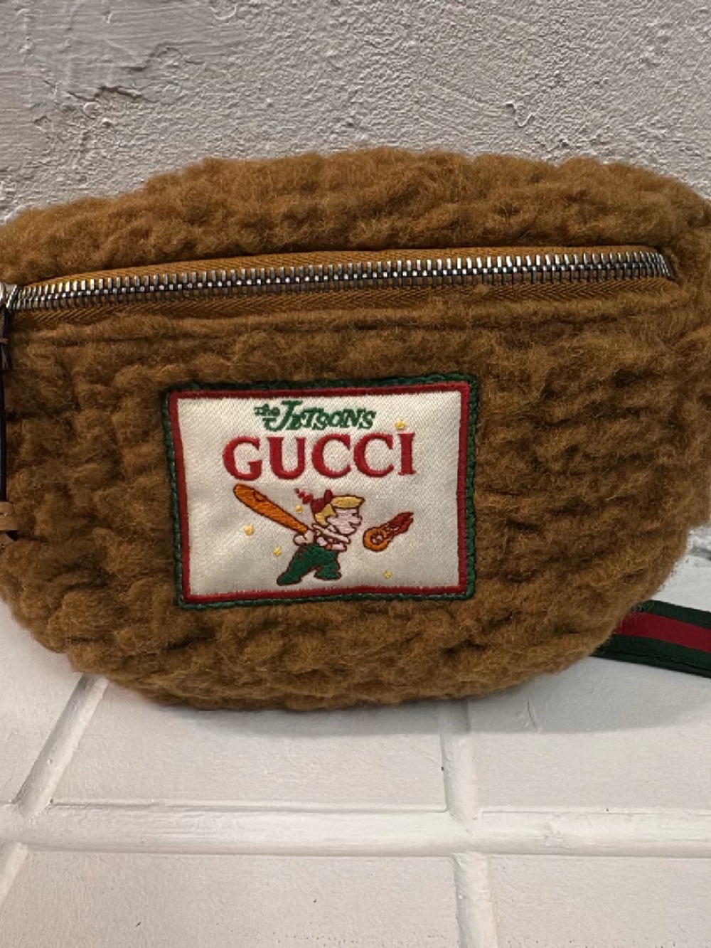 Gucci Shearling Tan Belt Bag with Embroidered Leroy Jetson Y2K